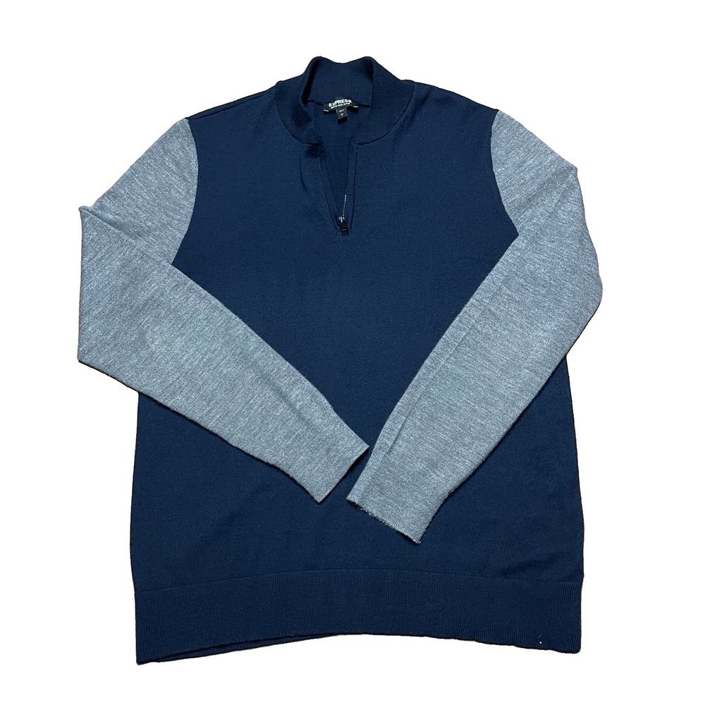 Express Sweater Mens Large Blue Gray 1/4 Zip Mock Neck Pullover Merino Wool